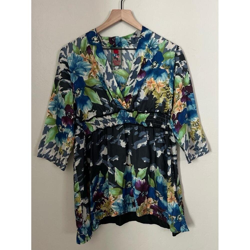 Johnny Was Size Medium Multicolor Floral 100% Silk V-Neck Tunic Blouse‎